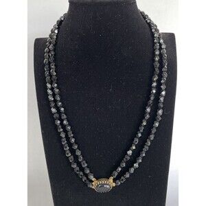 Vintage Black Glass Beaded Gold Tone Double Strand Necklace